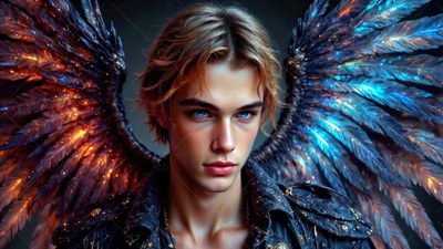 In the dark, a blond winged man wears a jacket with blue and orange feathers behind him