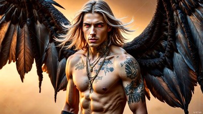 Spreading broad black wings, a shirtless tattooed man stares ahead with red eyes