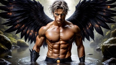 A shirtless man with wings stands in a dark pond with black wings spread wide