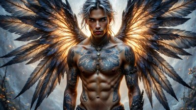 Tattoos cover the chest of a shirtless man with feathered black wings in cloudy skies