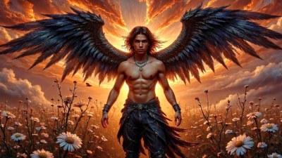 A winged man spreads dark feathers in a field under an orange sky