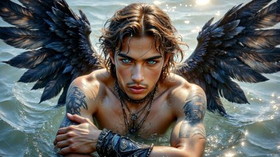 Chest-deep in sunny water, a winged man rests his arms forward with spread black wings