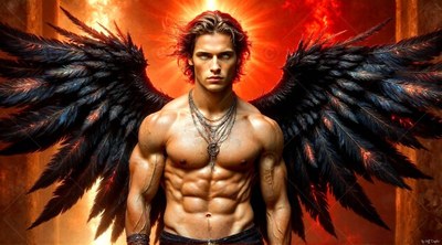 A shirtless man with large black wings is standing before bright orange fire