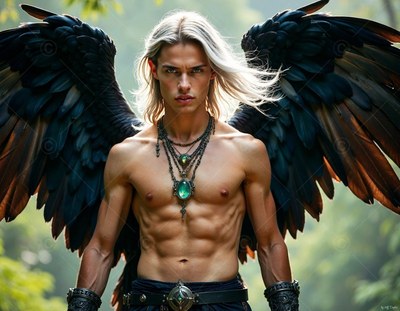 In a green forest, a shirtless man with long blond hair spreads black wings