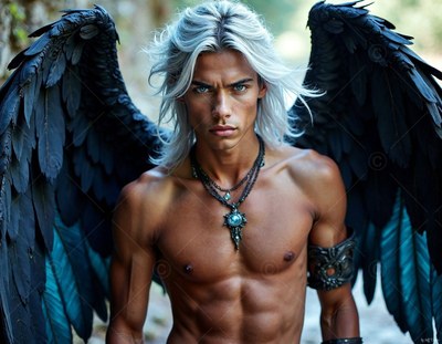 Staring forward, a shirtless man with silver hair spreads his black wings of feathers