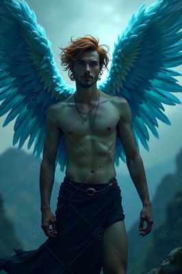 Shirtless man with bright blue wings standing on dark rocks outdoors