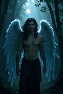 A shirtless man with large white wings with feathers stands in a dark forest at night under the moon