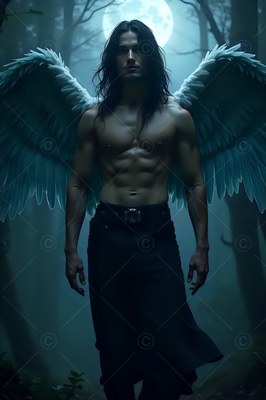 A winged man is standing in a dark forest under pale blue moonlight