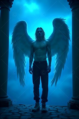 Standing between pillars, a bare-chested winged man in dark pants under blue light