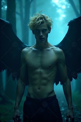 A shirtless blond black-winged man stands in a foggy blue forest
