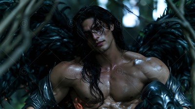 A muscular shirtless man with large black wings sits in dim woods