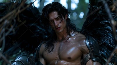 Dark wet hair clings to a bare-chested winged man in silver armor standing in a forest