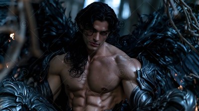 A shirtless man with feathered black wings looks forward in cool blue light