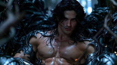 Leaning forward in a shadowy chamber, a shirtless man rests in black feathers