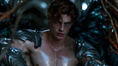 A shirtless man with wavy brown hair wears dark armor under dim light