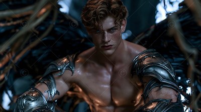In dark woods, a shirtless man with wings with black feathers wears silver armor on his arms