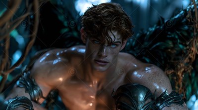Crouching in dark woods, a muscular winged man stares forward with blue eyes
