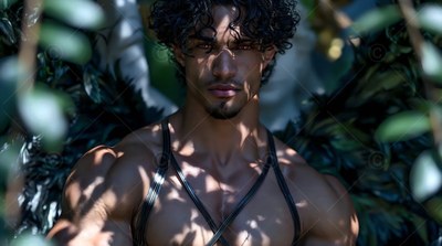 In dappled forest light, a winged man with dark curls wears leather straps