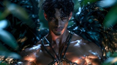 A muscular winged man with dark curls standing in shadow