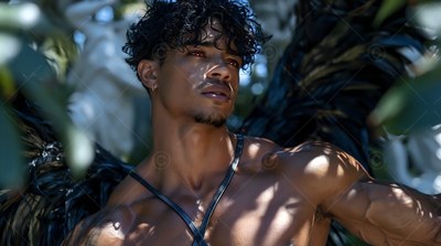 Dark leather chest straps cross a muscular man with black feathered wings outdoors in sunlight