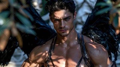 Facing forward in a garden, a muscular man with black wings stands in sunlight