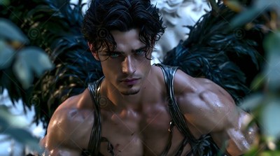 A muscular man with black feathered wings looks forward from deep green leaves