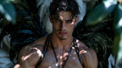 In the dappled shade, a winged man with a bare chest with green eyes looks forward