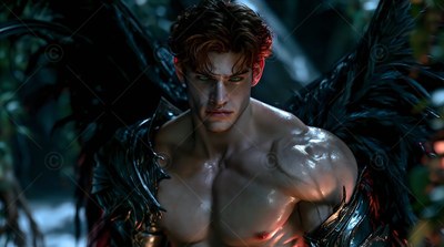 Staring forward, a muscular man with a bare chest and black wings stands in dark woods