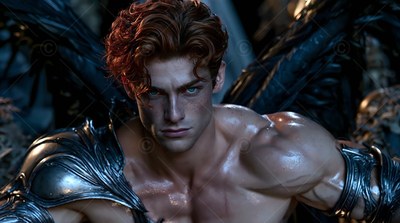 Muscular man with red hair, dark wings, and steel armor