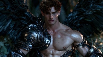 Curly reddish hair frames the face of a winged man in steel armor in a dark forest