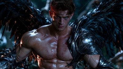 Facing forward in the shadows, a muscular man who has black wings wears silver armor