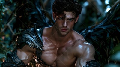 A muscular man with dark wings wears silver armor in dim forest light