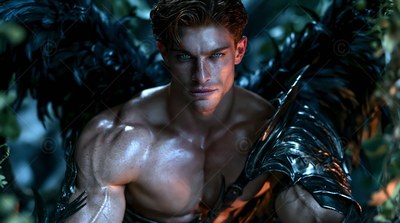 In dark foliage, a muscular man with black full feathered wings gazes ahead
