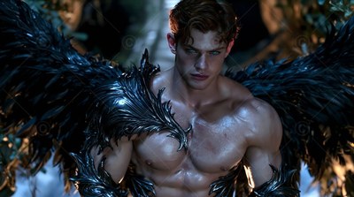 Gazing forward, a muscular man with black large feathered wings wears dark armor