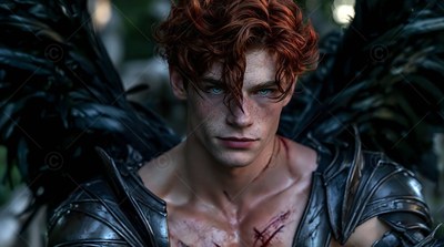 A man with curly red hair and black wings in dark armor
