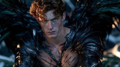 Curly reddish hair covers the brow of a winged man sitting in dark, misty shadows