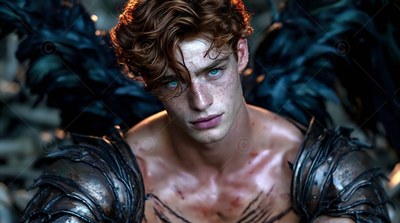 A shirtless man with red hair and black wings stares forward in cool blue light