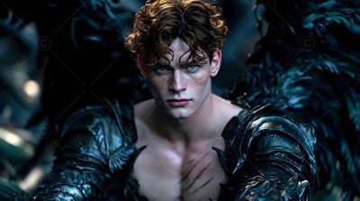 Facing forward in the dark shadows, a winged man wears black shoulder armor