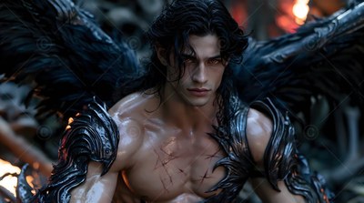 A shirtless man with dark hair and black wings wears black armor pieces
