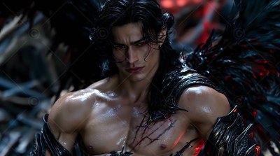 In dim red light, a shirtless man who has black wings and chest scars looks ahead