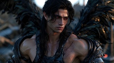 Looking forward, a dark-haired man wears black armor and spreads feathered wings