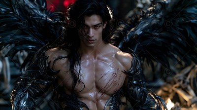 A shirtless man with wings with black feathers and clawed arms