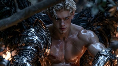 A blond winged man leans forward in silver armor with pale highlights on his skin