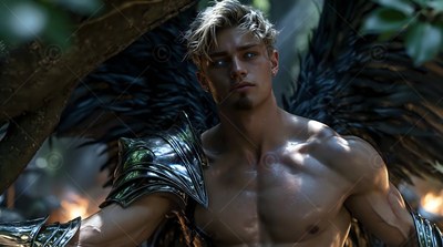 Standing half-turned in a dark forest, a winged blond man wears silver armor
