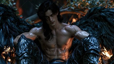 In a dark forest, a bare-chested winged man with black feathers sits in silver armor