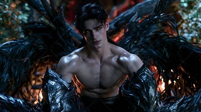 Sitting among dark woods, a shirtless winged man smirks in armor gauntlets