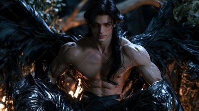 Shirtless man who has black wings and silver armor on his arms