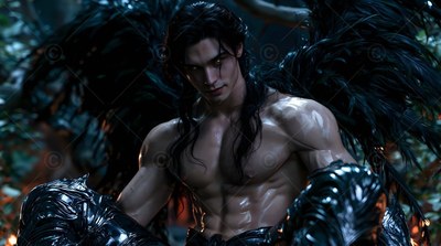 Shiny black armor covers the forearms of a winged man with a bare chest in a dark forest
