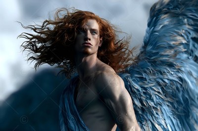 A red-haired man with large blue wings stands against a cloudy sky