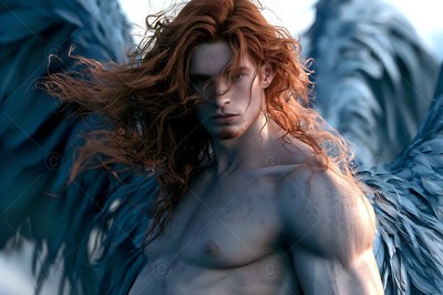 Under a cloudy sky, a bare-chested man with long red hair spreads blue-gray wings